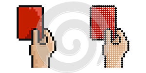 Pixel icon. Sports referee hand showing card for player breaking rules. Sports team game of soccer, football. Simple retro game