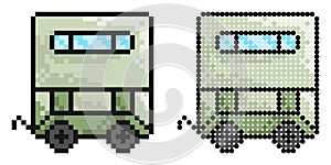 Pixel icon. Trailer for transporting building materials and animals. Working on farm, transporting goods by car. Simple retro game