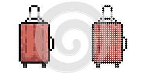 Pixel icon. Travel bag. Suitcase for luggage on wheels. Transportation of things in transport while on vacation. Simple retro game