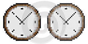 Pixel icon. Wall Clock with minute and hour hands. Mechanical watch for measuring time. Countdown to for new year. Simple retro