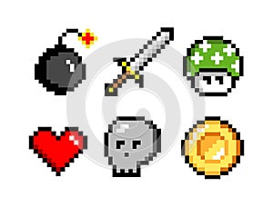 Pixel icons. colorful vector illustration, sword and cannonball, skull and coin, mushroom and heart, pixel collection