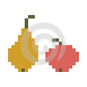 Pixel image of fruit, Apple and pear. Vector illustration on white background