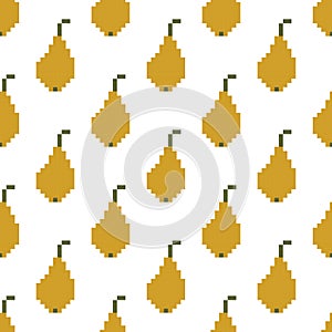 Pixel image of fruit, pear. Vector seamless pattern on white background