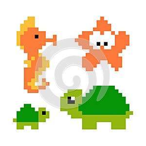 Pixel images of sea animals, turtles, seahorses, starfish. Pixel art vector illustration