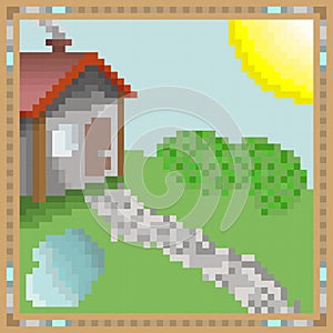 A pixel landscape,a pixel art for game.Poster design for print.