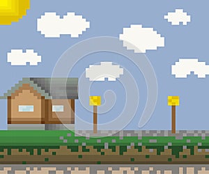 A pixel landscape,a pixel art for game.Poster design for print.