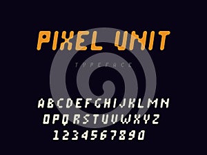 Pixel latin alphabet letters and numbers. Rounded pixel font. Vector illustration