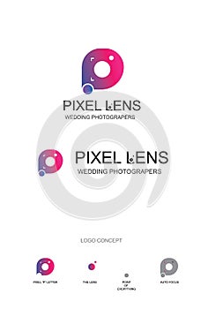 Pixel Lens Illustration and Letter P for Photographers Logo