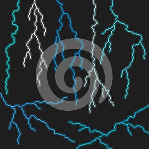 Pixel lightning vector set, 8-bit style electric discharges photo