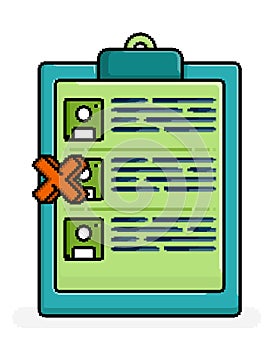 pixel line art of candidate checklist board on job vacancy that crossed listed to select and disqualify candidates. Can be used