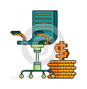 pixel line art illustration of work chair with pile of coins and 3d dollar sign. hiring position vacancies for banking and finance