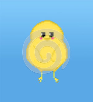 Pixel little chick, yellow bird on blue background