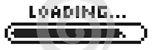 Pixel loading bar y2k retro 8 bit interface game, progress level, download status frame. Pixel title text Loading