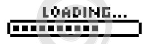 Pixel loading bar y2k retro 8 bit interface game, progress level, download status frame. Pixel title text Loading