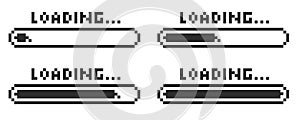Pixel loading bar y2k retro 8 bit interface game, progress level, download status frame. Pixel title text Loading