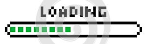 Pixel loading bar y2k retro 8 bit interface game, progress level, download status frame. Pixel title text Loading