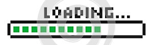 Pixel loading bar y2k retro 8 bit interface game, progress level, download status frame. Pixel title text Loading
