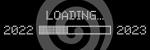 Pixel Loading Progress from 2022 to 2023 Year. Pixelated Progress Bar Showing Loading of 2023 year on Black Background