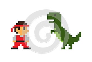 Pixel Man and Big Rex Dinosaur, Vector Poster
