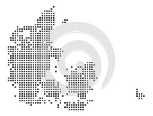 Pixel map of Denmark. Vector dotted map of Denmark isolated on white background. Abstract computer graphic of Denmark map.