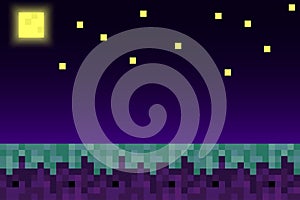 Pixel mine style night land craft background. Concept of game ground pixelated seamless horizontal landscape background with moon