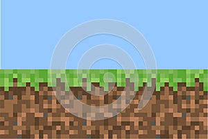 Pixel minecraft style land background. Concept of game ground pixelated horizontal seamless background with blue sky. Vector