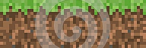 Pixel minecraft style land background. Concept of game ground pixelated horizontal seamless background. Vector illustration