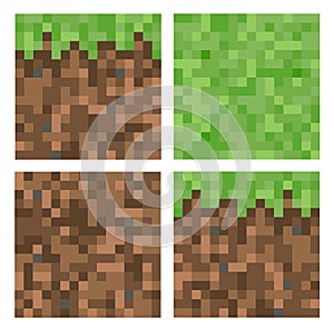 Pixel minecraft style land block background. Concept of game ground pixelated horizontal seamless background. Top, side, bottom