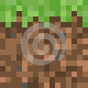 Pixel minecraft style land block background. Concept of game ground pixelated horizontal seamless background photo