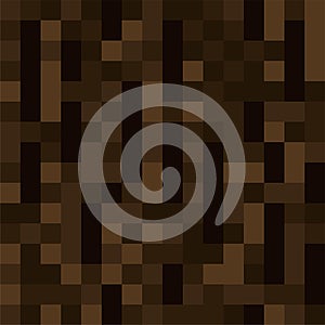 Pixel minecraft style wood block background. Concept of game pixelated seamless square dark brown bark background. Vector