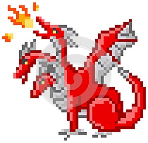 Pixel monster character red three-headed dragon. Pixelated dinosaur breathes fire isolated on white