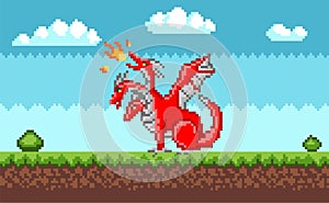 Pixel monster character red three-headed dragon. Pixelated dinosaur with wings breathes fire