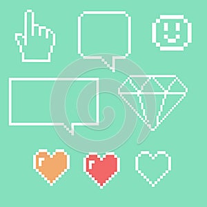 Pixel objects for games icons set. Social Networking Speech Bubbles: Smiley, Love