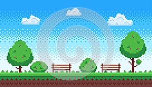 Pixel park. Retro 8 bit game blue sky, pixels trees and parks bench vector illustration