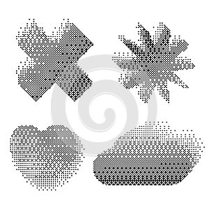 Pixel pattern shapes. Textured heart star and cross with bitmap Y2k dither gradient. Retro vector signs with old photo