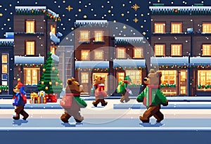 pixel people cross the street in an outdoor city at christmas time