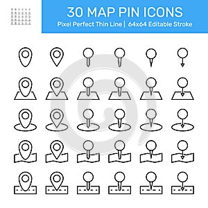 Pixel perfect black thin line icon set of a map pin location. Editable stroke vector 64x64. Collection of map pointer icons. Pack