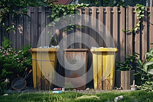 Three Dirty Trash Cans in a Backyard