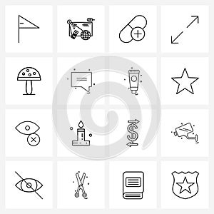 Pixel Perfect Set of 16 Vector Line Icons such as mushroom, amanita, medical, arrow, retract