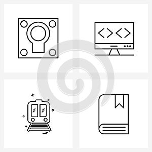 Pixel Perfect Set of 4 Vector Line Icons such as woofer, train, music, programmer, travel