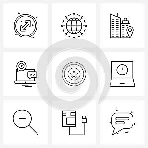 Pixel Perfect Set of 9 Vector Line Icons such as multimedia, message, location, chat, laptop