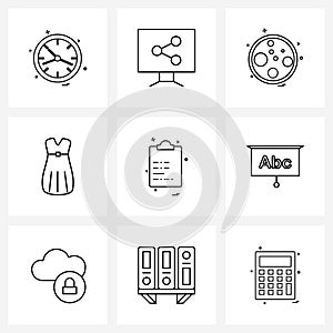 Pixel Perfect Set of 9 Vector Line Icons such as shell, cloths, share, garments, bacteria