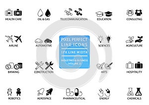 Pixel perfect thin line icons and symbols of various industries / business sectors like telecommunications, chemicals, aerospace, photo