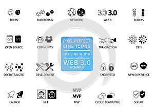 Pixel perfect thin line vector icon set for web3 or Web 3.0 concept. Configurable symbols for technology infographics