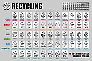 Pixel perfect vector set of all recycle symbols plastic, paper, glass, metal, battery, wood, resin materials with signs and codes