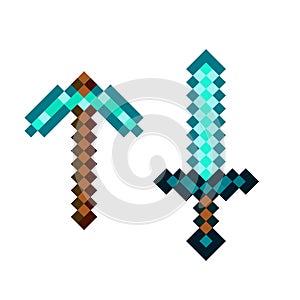 pixel pickaxe and sword weapon tool from video game. Vector illustration