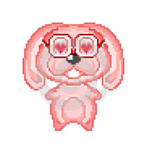 Pixel pink rabbit. Pixel icon. Cartoon beautiful bunny with glasses. Bunny in love.