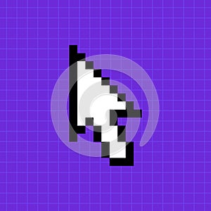 Pixel pointer of a computer mouse on a bright purple background. Arrow icon