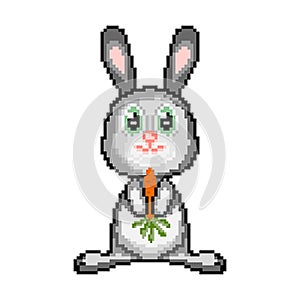 PIXEL RABBIT WITH CARROT. PIXEL ICON. CARTOON BEAUTIFUL BUNNY.