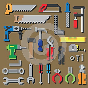 Pixel repair and construction working tools pixel icon set in vector